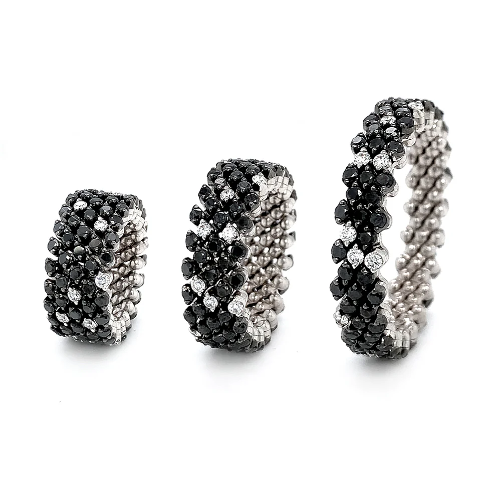 18K White Gold Five Row Expandable Brevetto Black & White Diamond Ring - Image 2