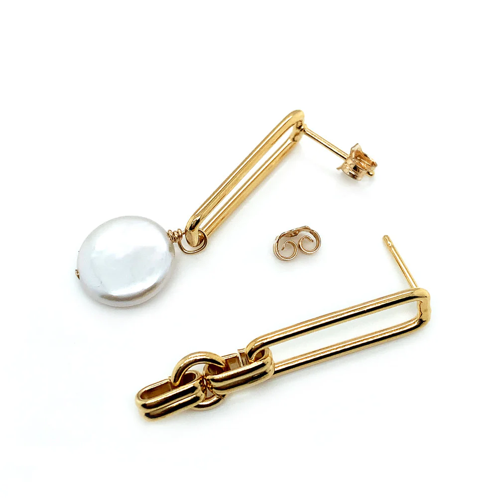 Yellow Gold Plated Asymmetrical Paperclip and Pearl Earrings - "Hope Asymmetrical" - Image 2