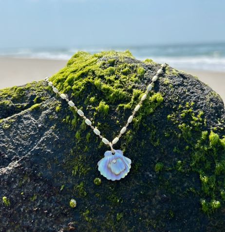 Abalone, Chalcedony & Diamond Pendant - "Luminescent Scallop Shell" - Image 3