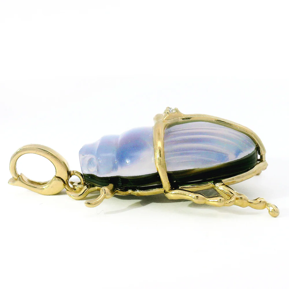 Carved Chalcedony, Abalone & Diamond Pendant - "Luminescent Scarab Beetle" - Image 3