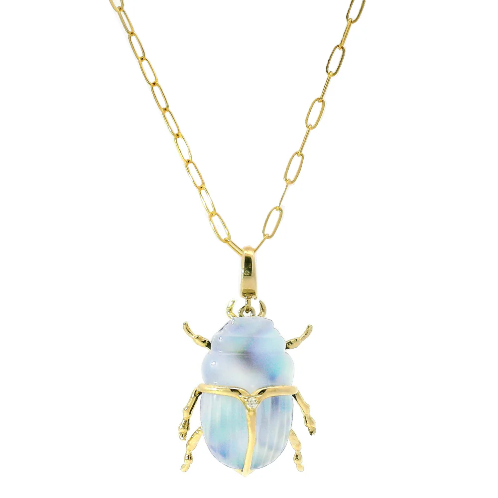 Carved Chalcedony, Abalone & Diamond Pendant - "Luminescent Scarab Beetle" - Image 4