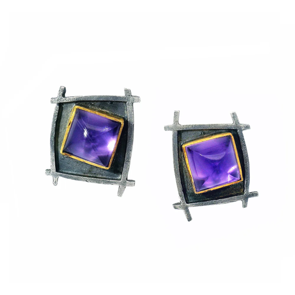 Amethyst, 22K & Sterling Silver Stud Earrings- "Shoji Sugarloaf"