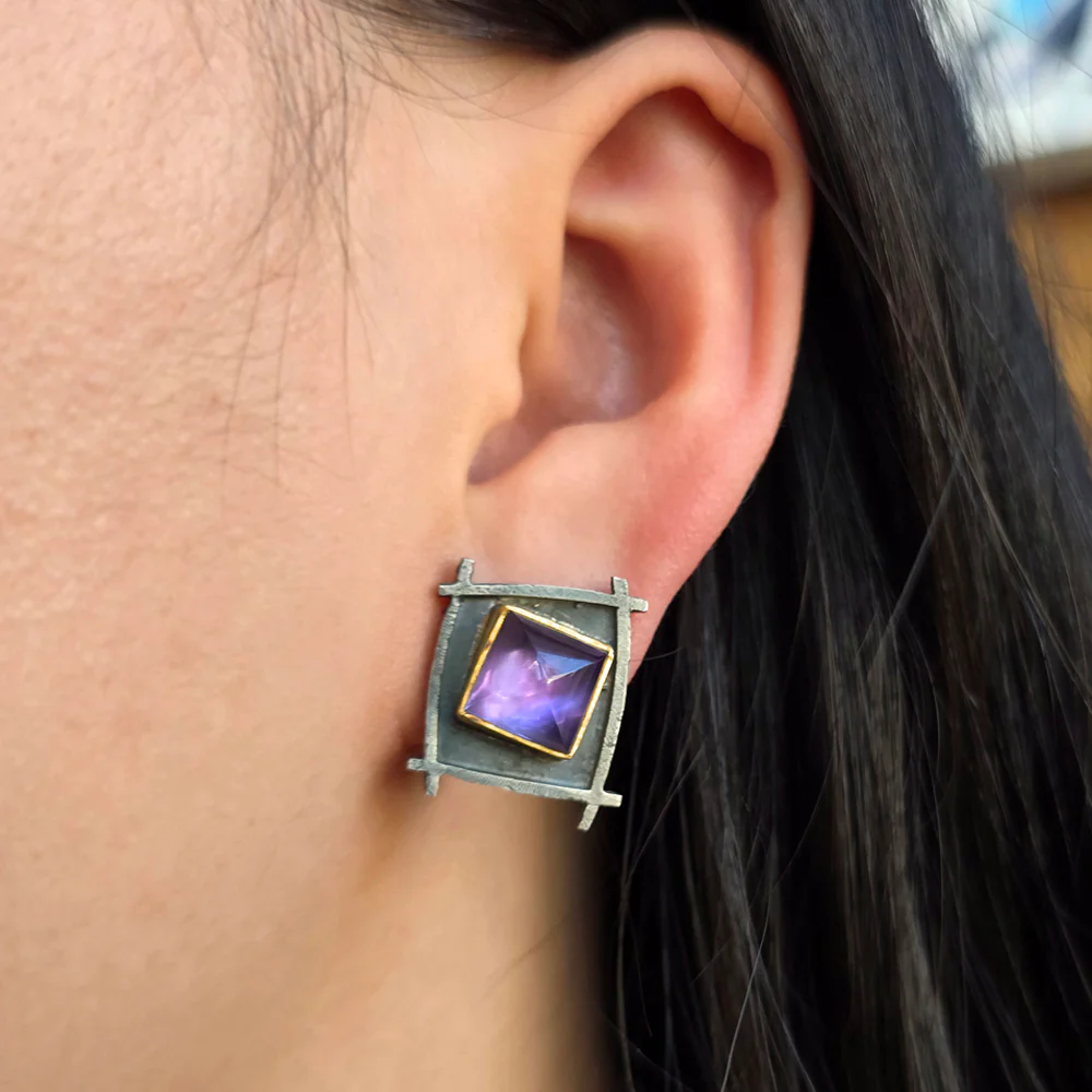 Amethyst, 22K & Sterling Silver Stud Earrings- "Shoji Sugarloaf" - Image 2