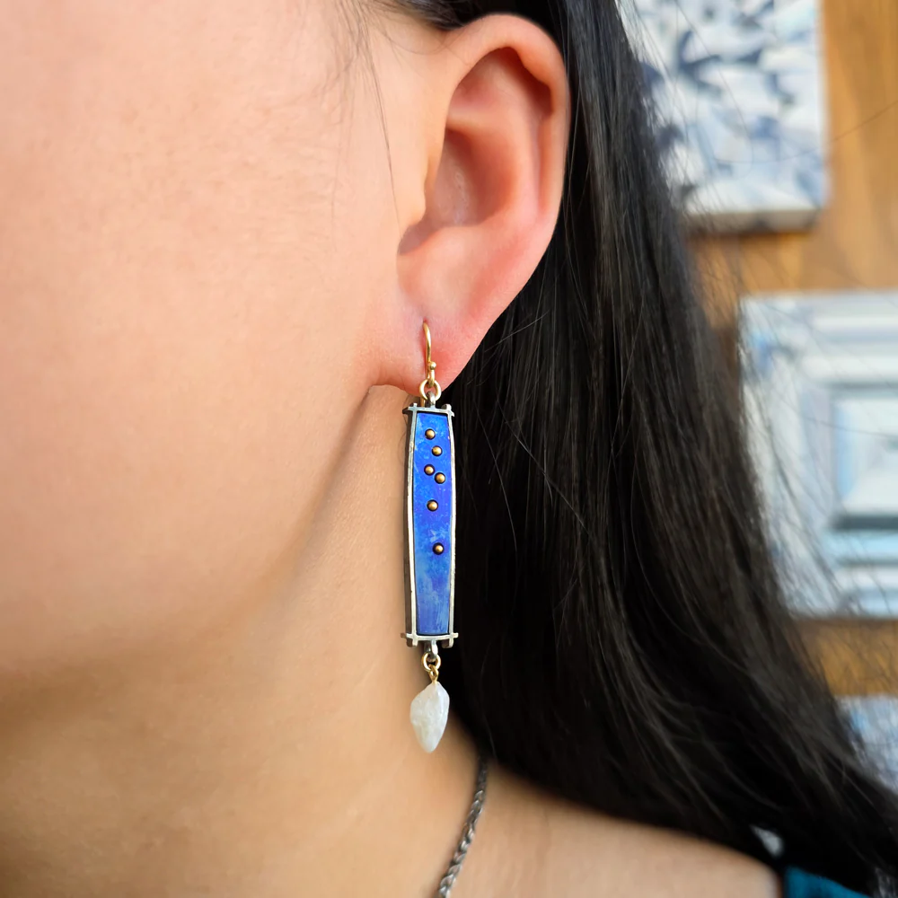 Anodized Titanium, Gold & Pearl Drop Earrings- "Deep South Shoji" - Image 2