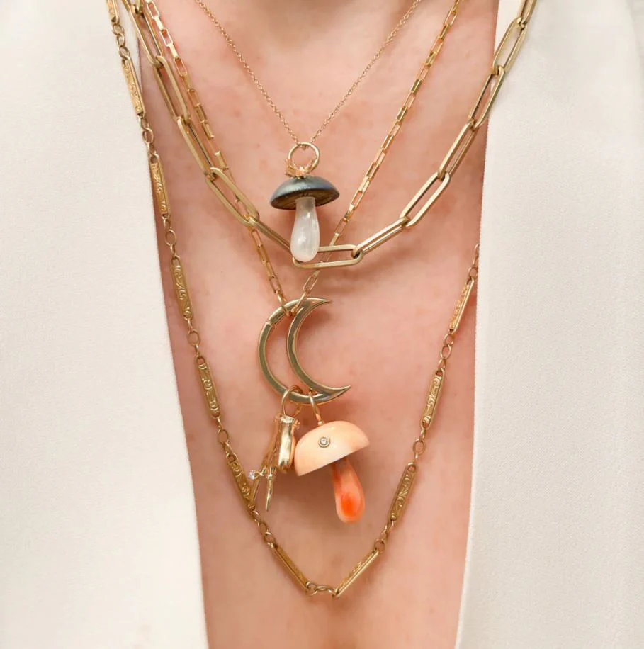 Apricot Conch Shell Mushroom & Diamond Pendant - "Mycena" - Image 3