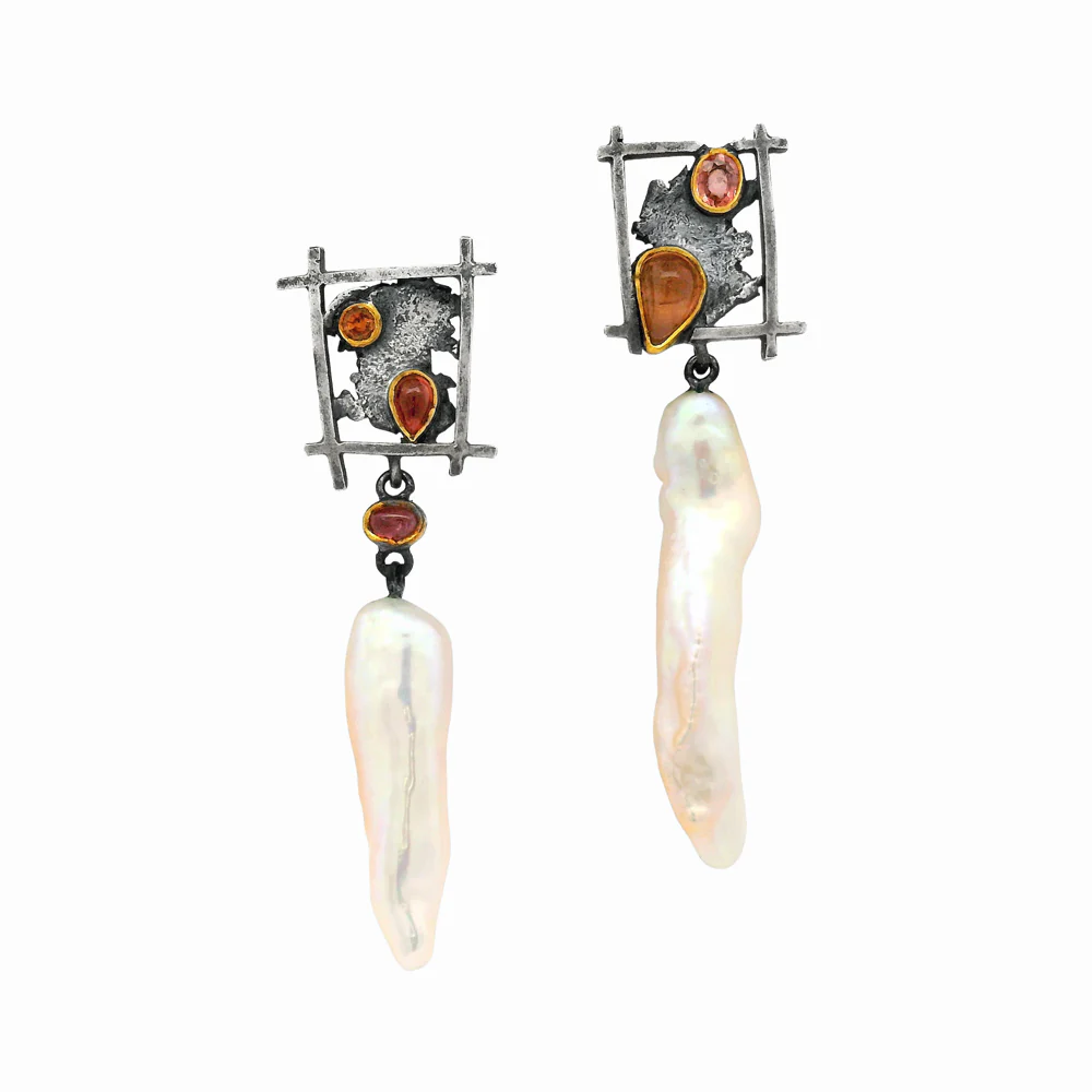 Asymmetrical Pearl Earrings with Pink Sapphires - "Pearl River"