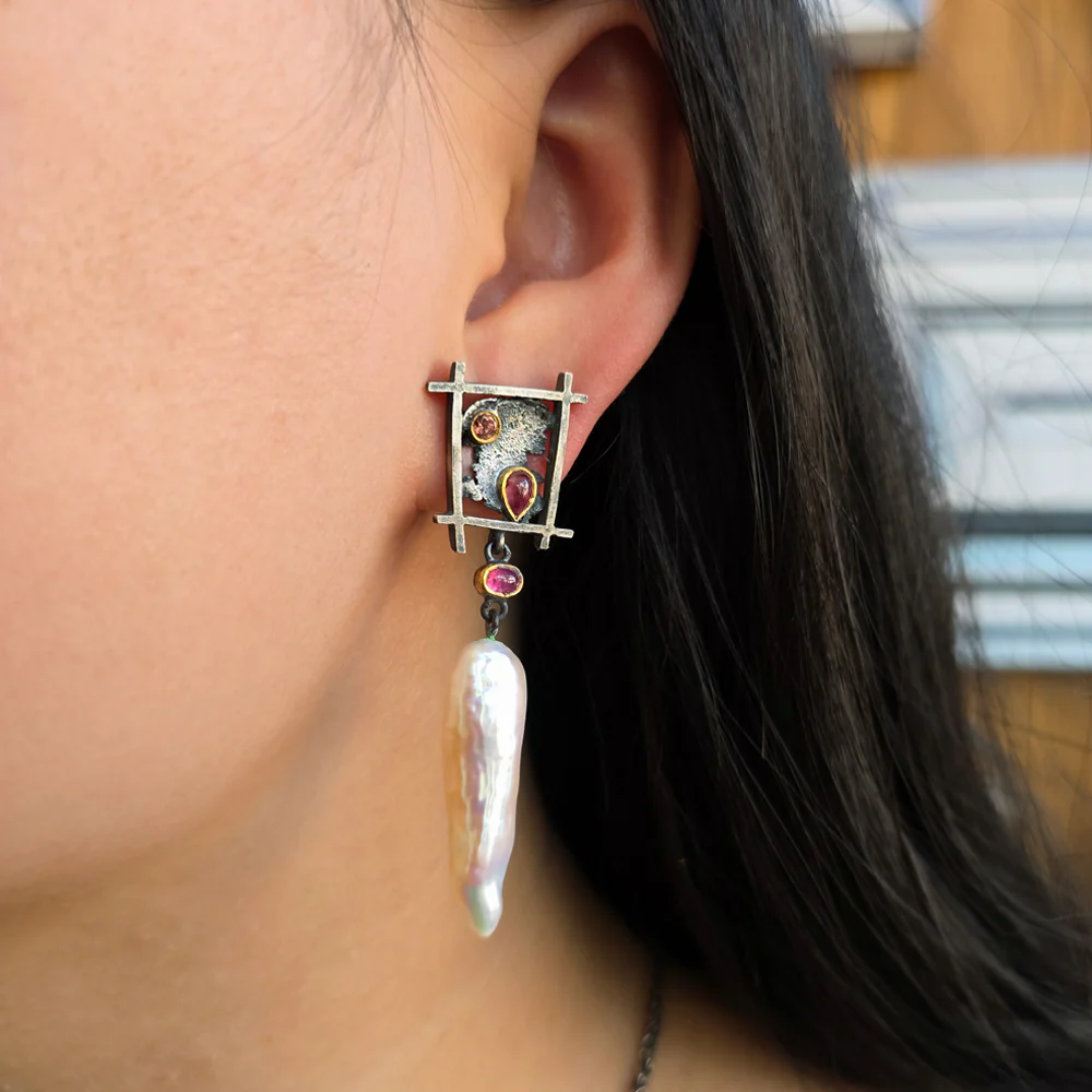 Asymmetrical Pearl Earrings with Pink Sapphires - "Pearl River" - Image 2