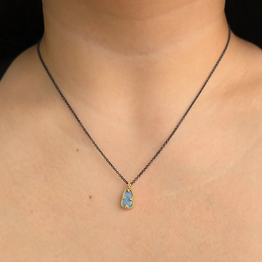 Australian Opal Doublet, Silver & Gold Necklace - "Monet's Palette" - Image 3