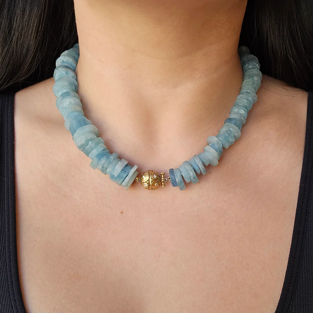 Beaded Rough Aquamarine Disc Necklace with Diamond Lilies Clasp - "Glaciers Edge" - Image 6