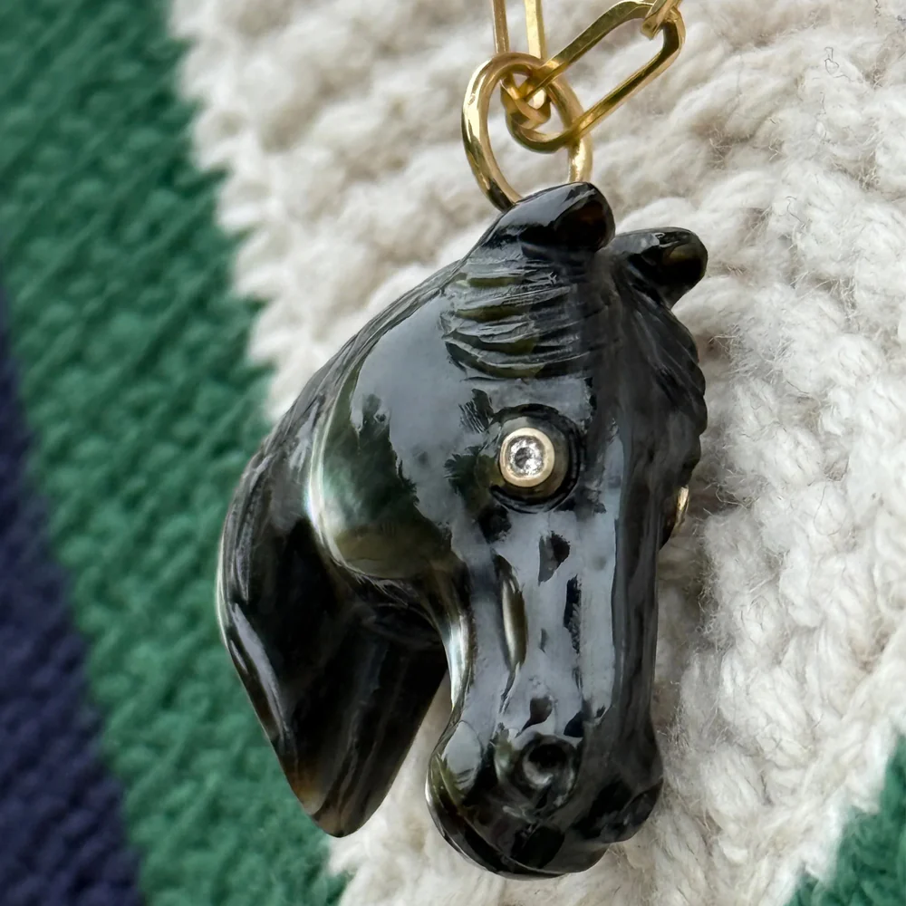 Black Mother-of-Pearl Carved Horse & Diamond Pendant - "Black Beauty" - Image 4