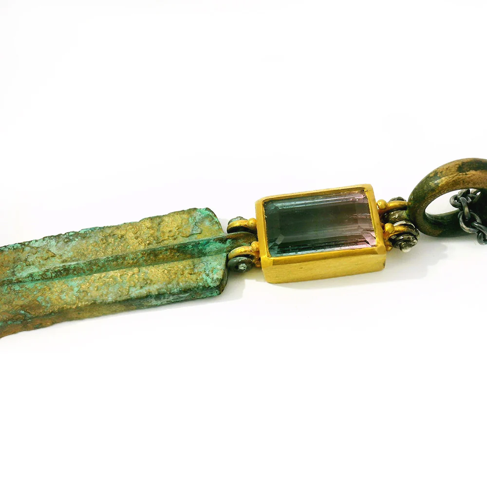 Parti Colored Tourmaline & Antiqued Bronze Drop Necklace - "Xiphos" - Image 6