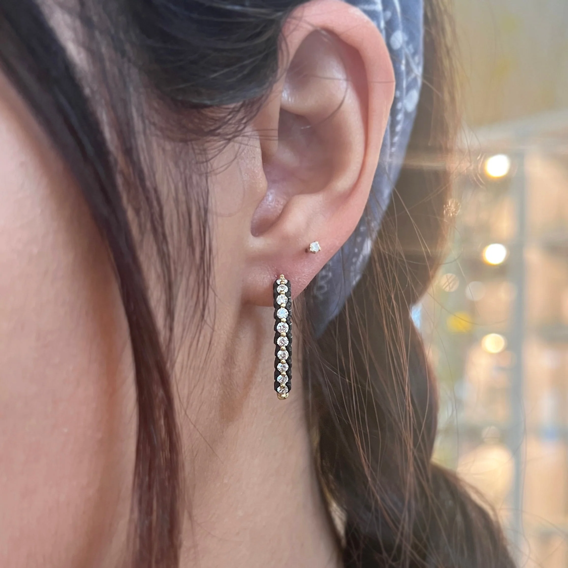Diamond & Blackened Cobalt Chrome Hoop Earrings - "Scalloped Sparkle" - Image 3