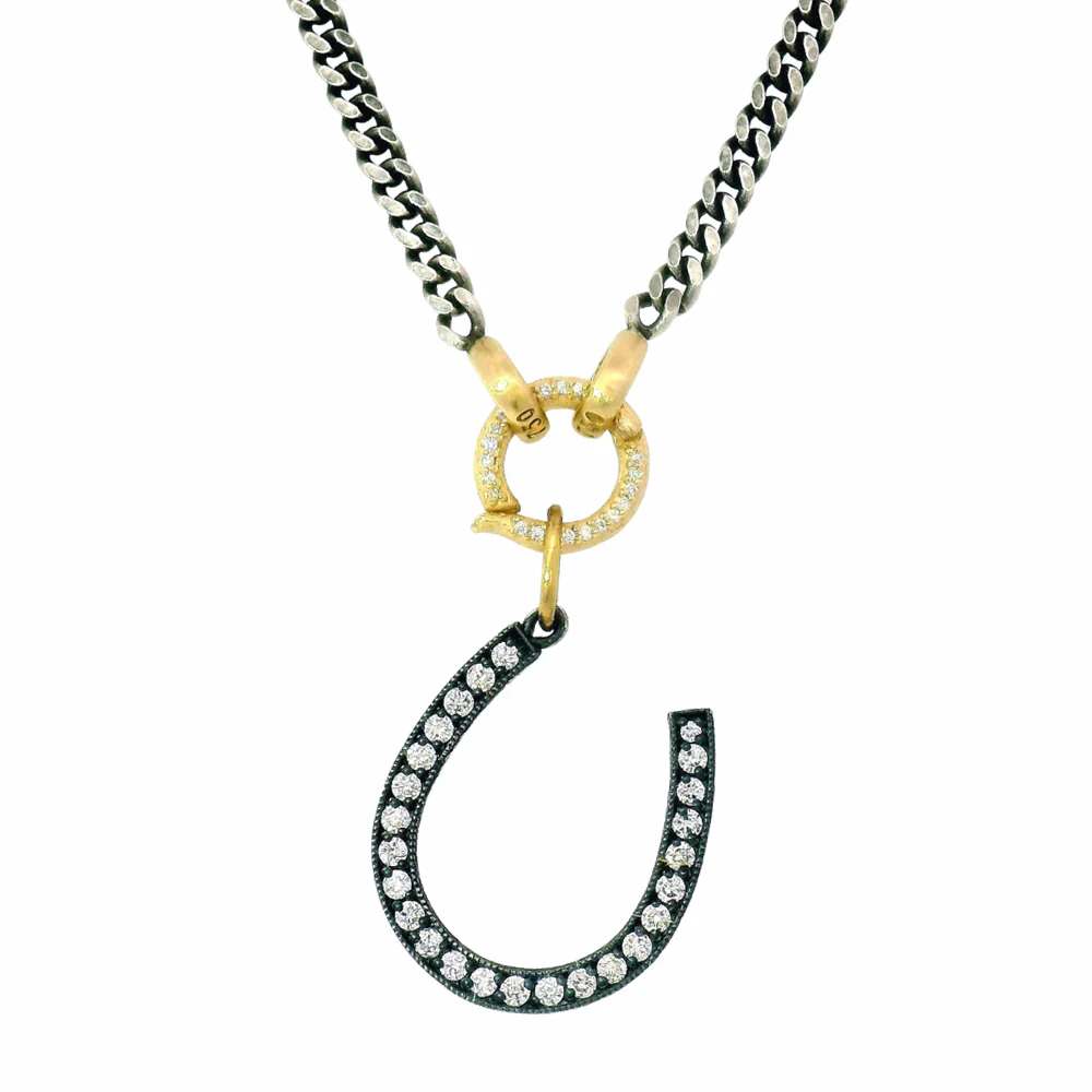 Diamond Horseshoe Pendant in Oxidized Silver & 14K Gold - Image 3