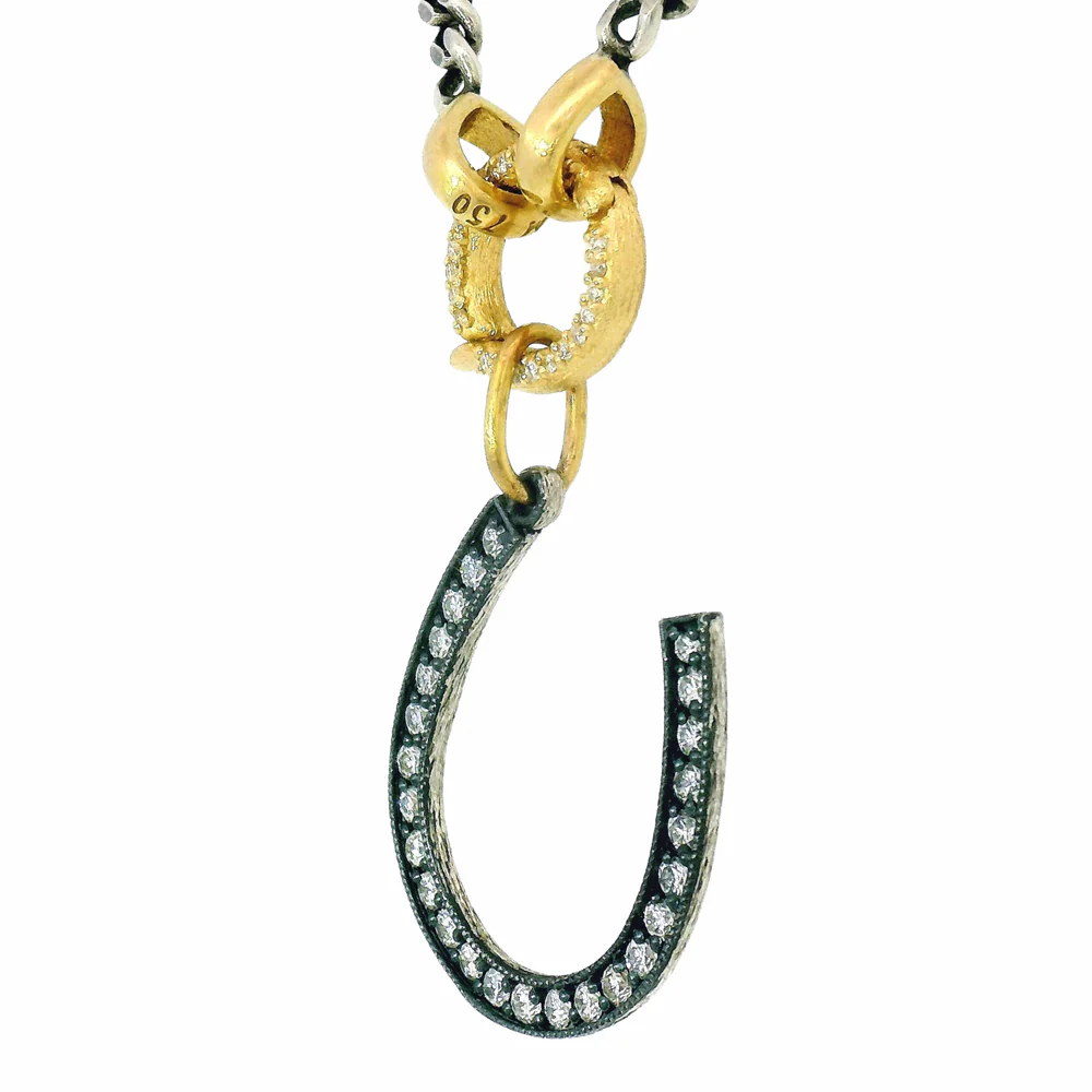 Diamond Horseshoe Pendant in Oxidized Silver & 14K Gold - Image 4