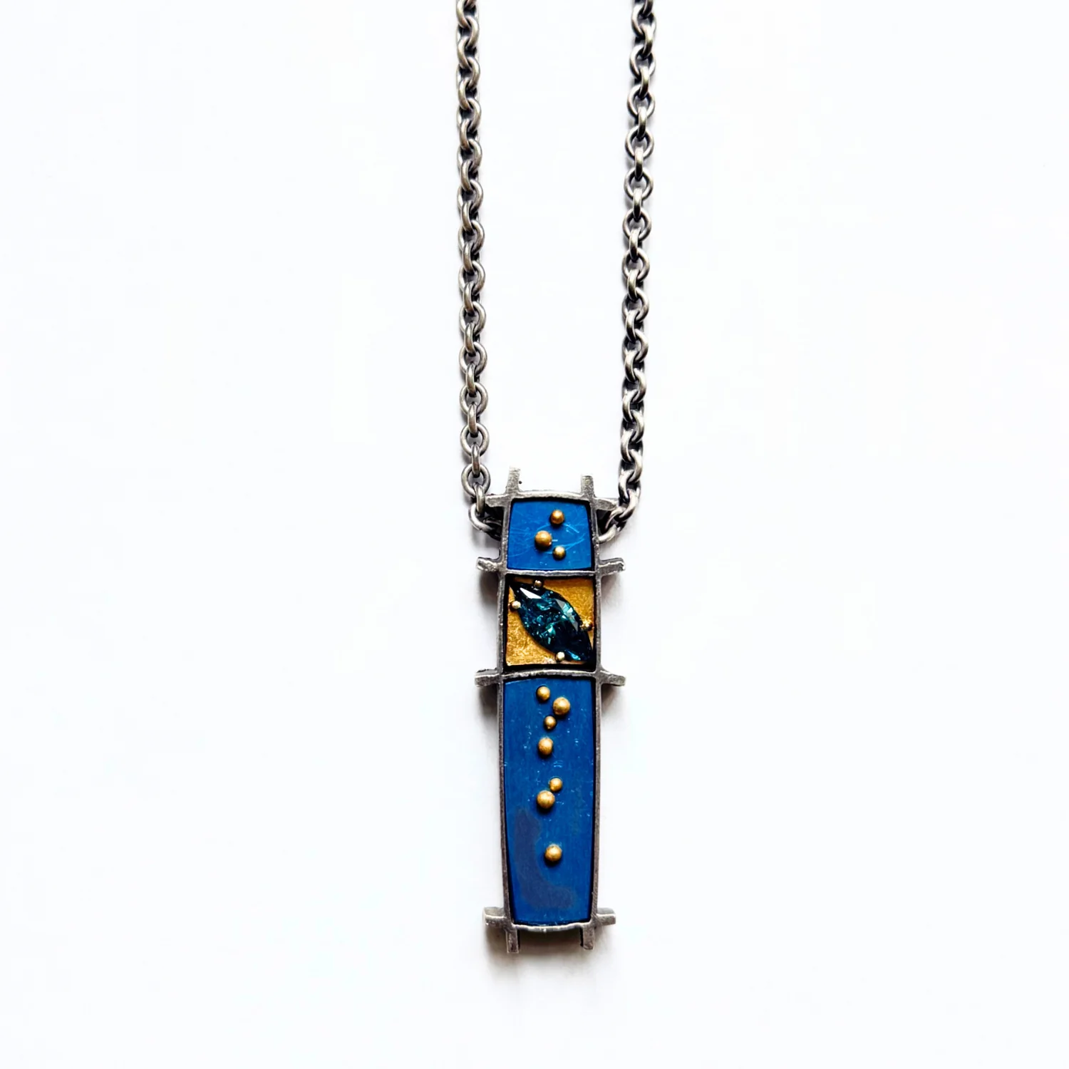 Diamond, Sterling Silver, & Gold Enamel Necklace - "3 Box" - Image 3