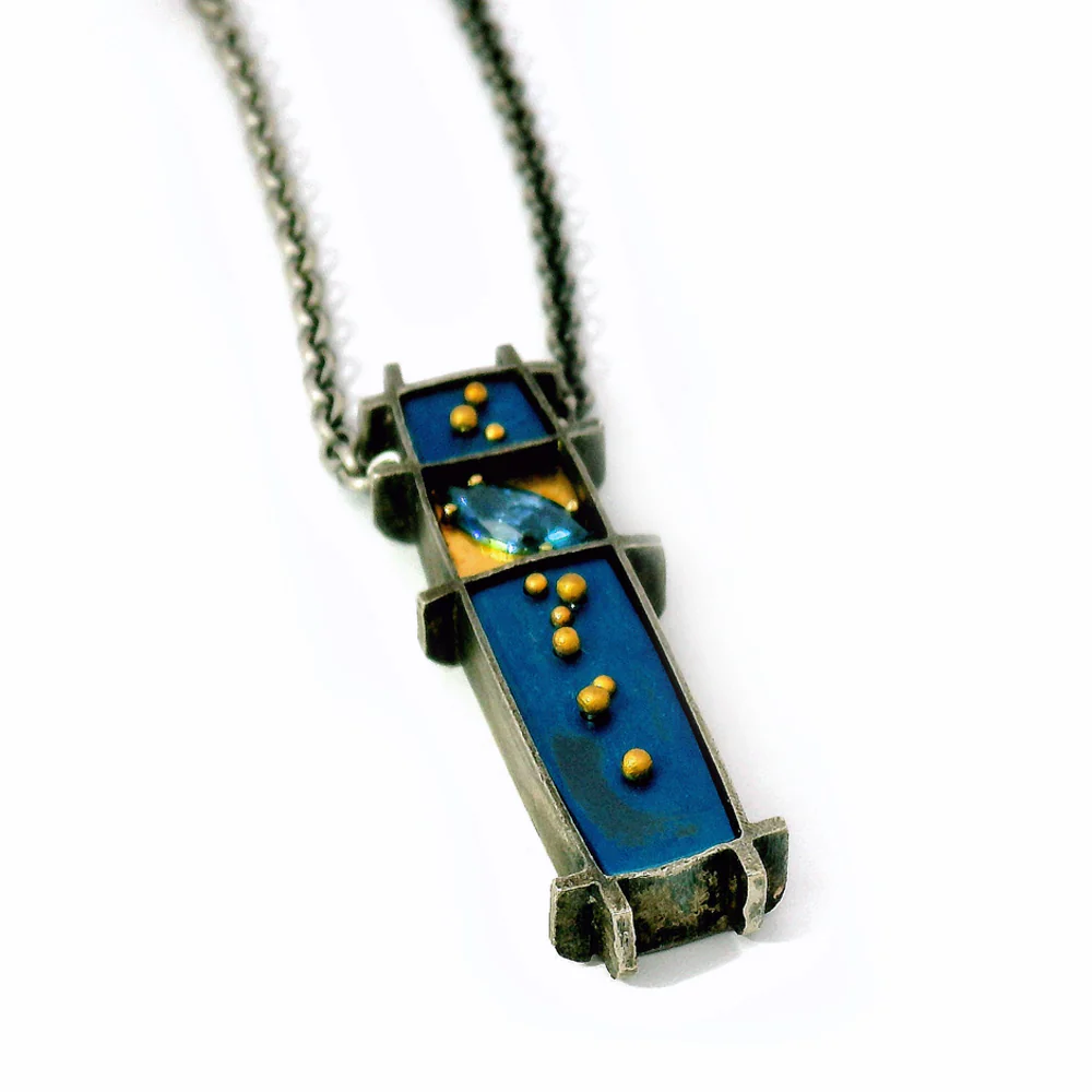 Diamond, Sterling Silver, & Gold Enamel Necklace - "3 Box" - Image 6