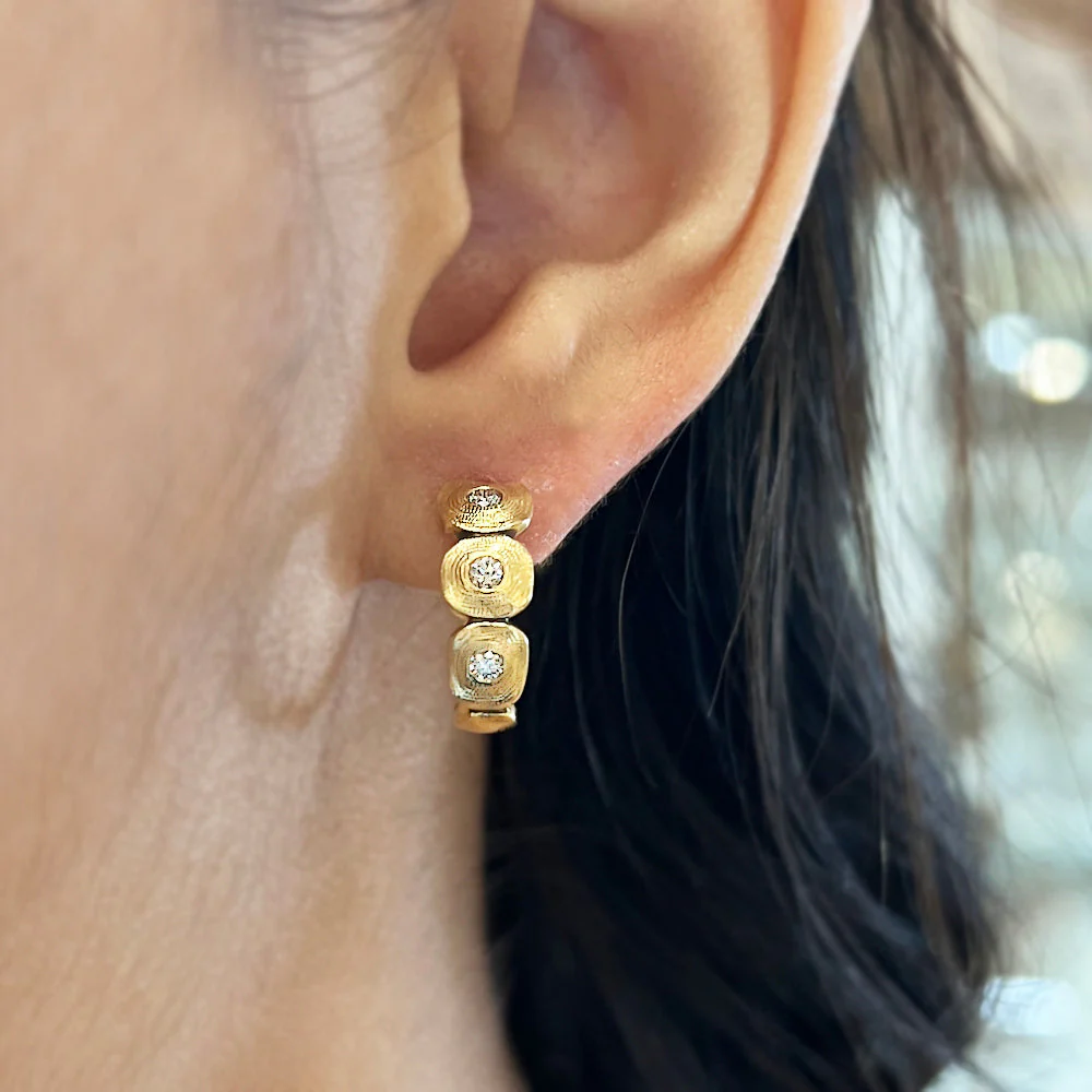 Diamond & Yellow Gold Hoop Earrings -"Dancing Squares" - Image 3
