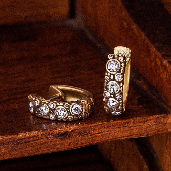 Diamond & Yellow Gold Huggie Earrings - "Oval Hoop" - Image 2