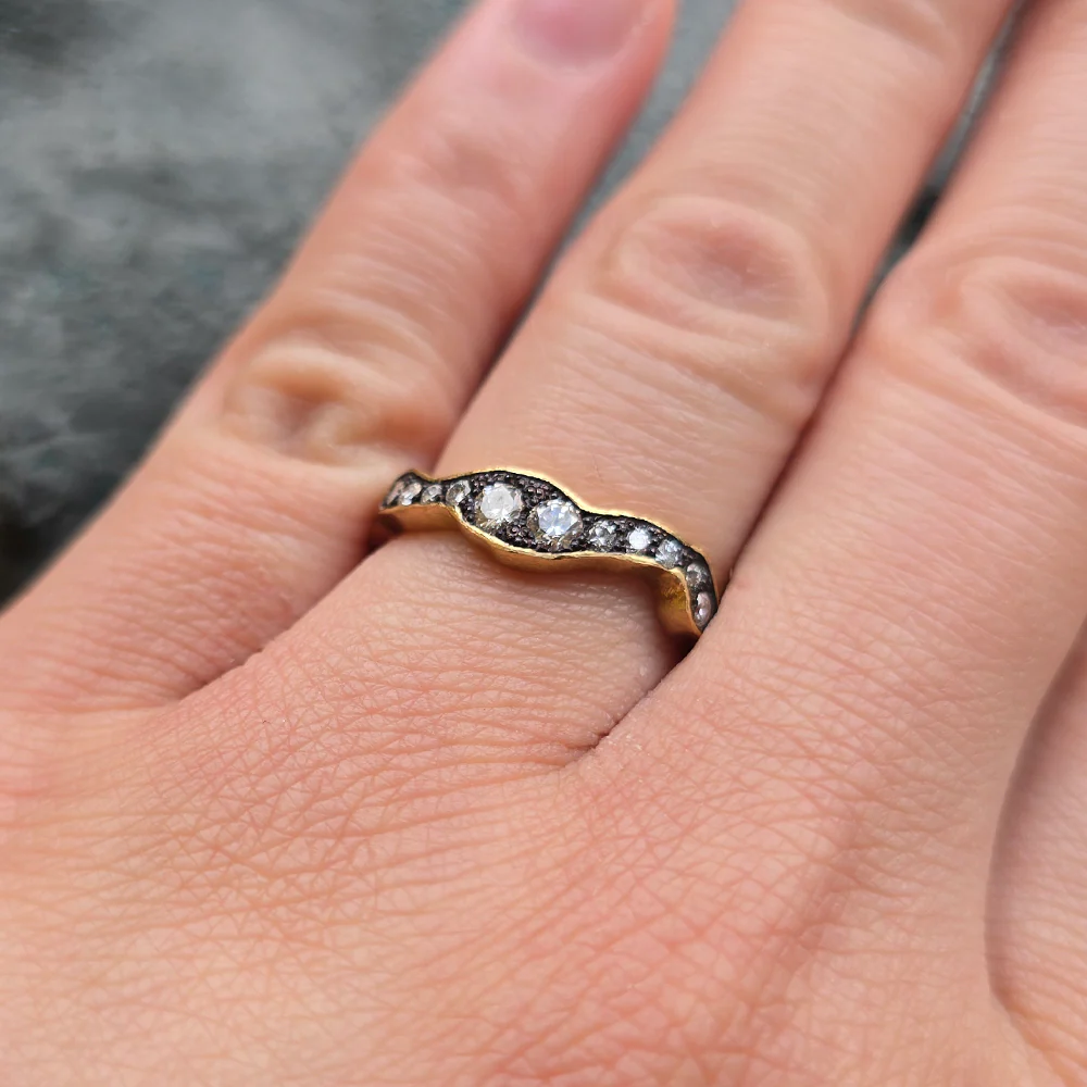 Diamond & Yellow Gold Wavy Eternity Band - "Moody Storm" - Image 5