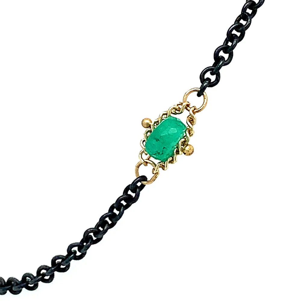 Emerald Rondelle, Oxidized Silver & Gold Necklace - "Textile Station" - Image 3