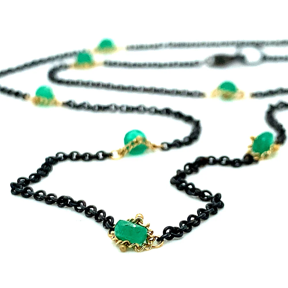Emerald Rondelle, Oxidized Silver & Gold Necklace - "Textile Station" - Image 4