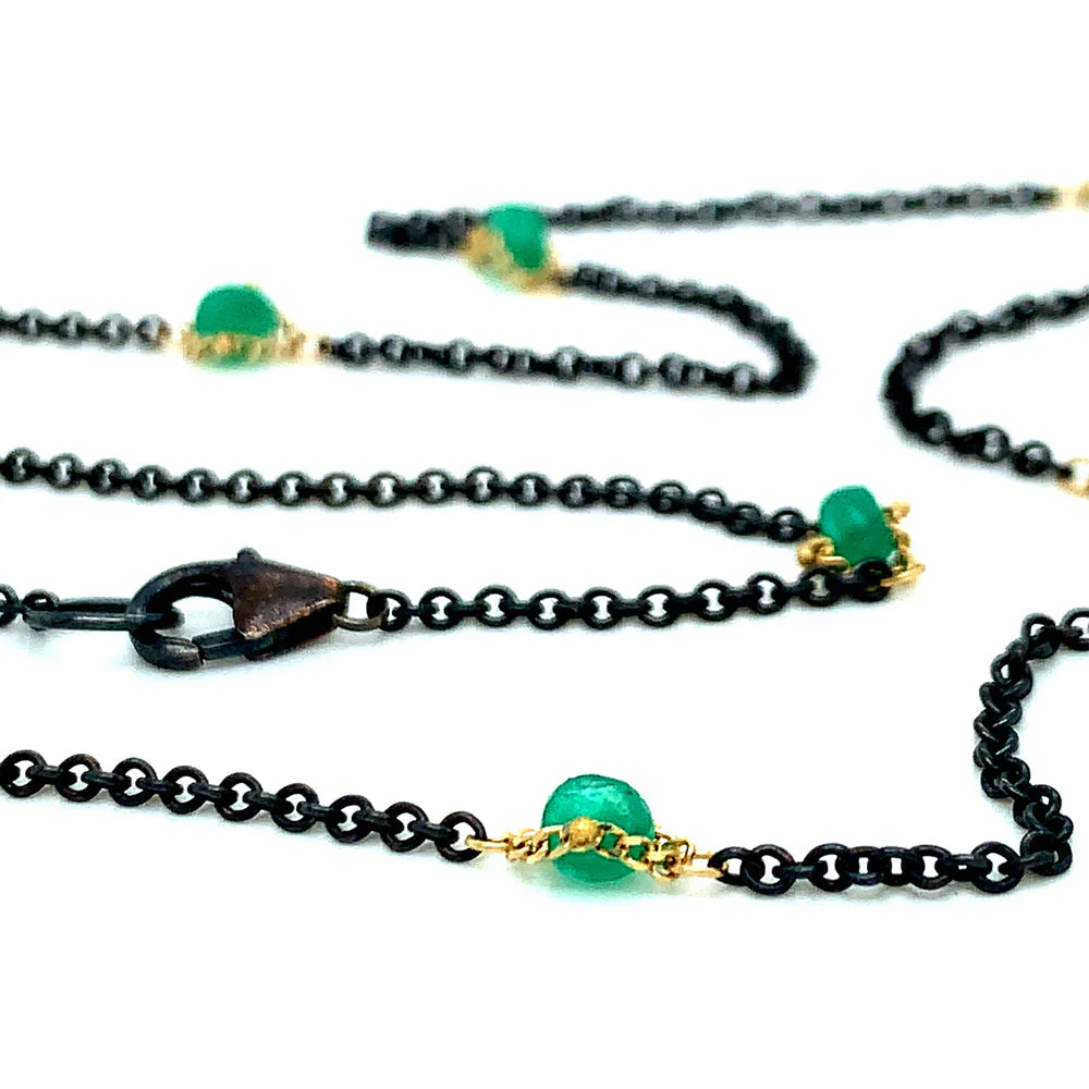 Emerald Rondelle, Oxidized Silver & Gold Necklace - "Textile Station" - Image 5