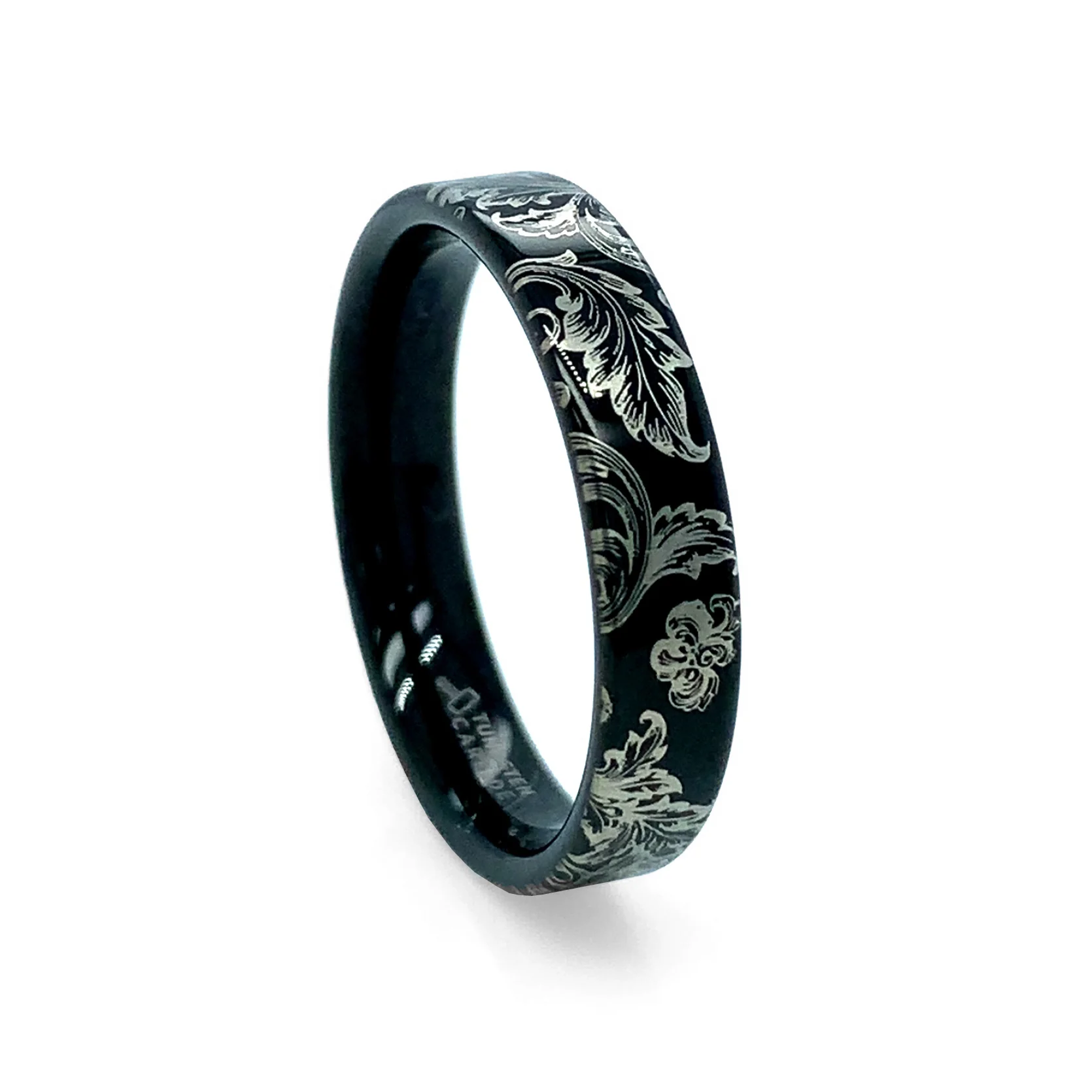 Floral Engraved Black Tungsten Ring - Image 2
