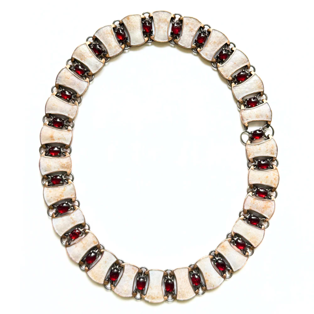 Garnet Cabochon & Enamel Collar Necklace - "Byzantine Links"