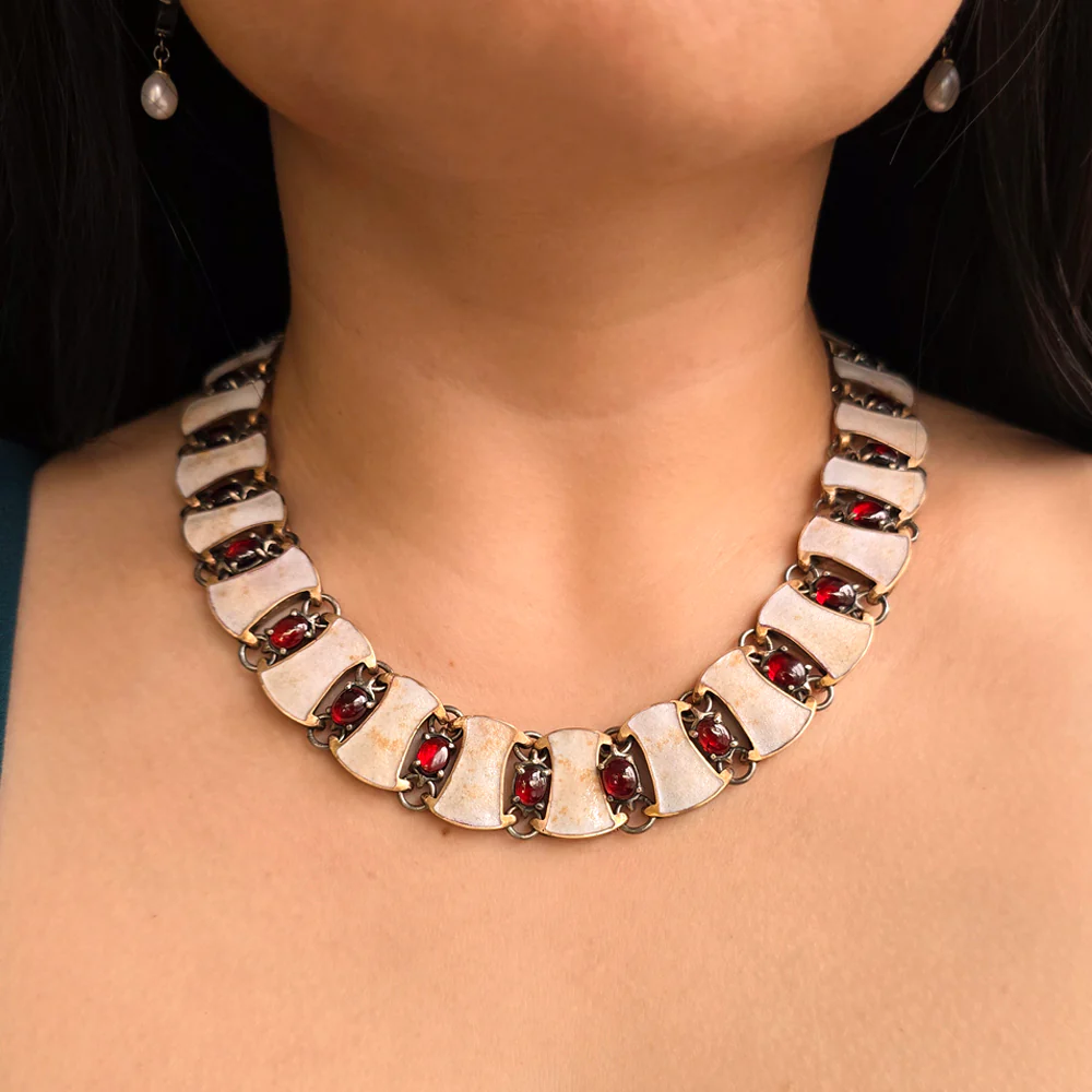 Garnet Cabochon & Enamel Collar Necklace - "Byzantine Links" - Image 2