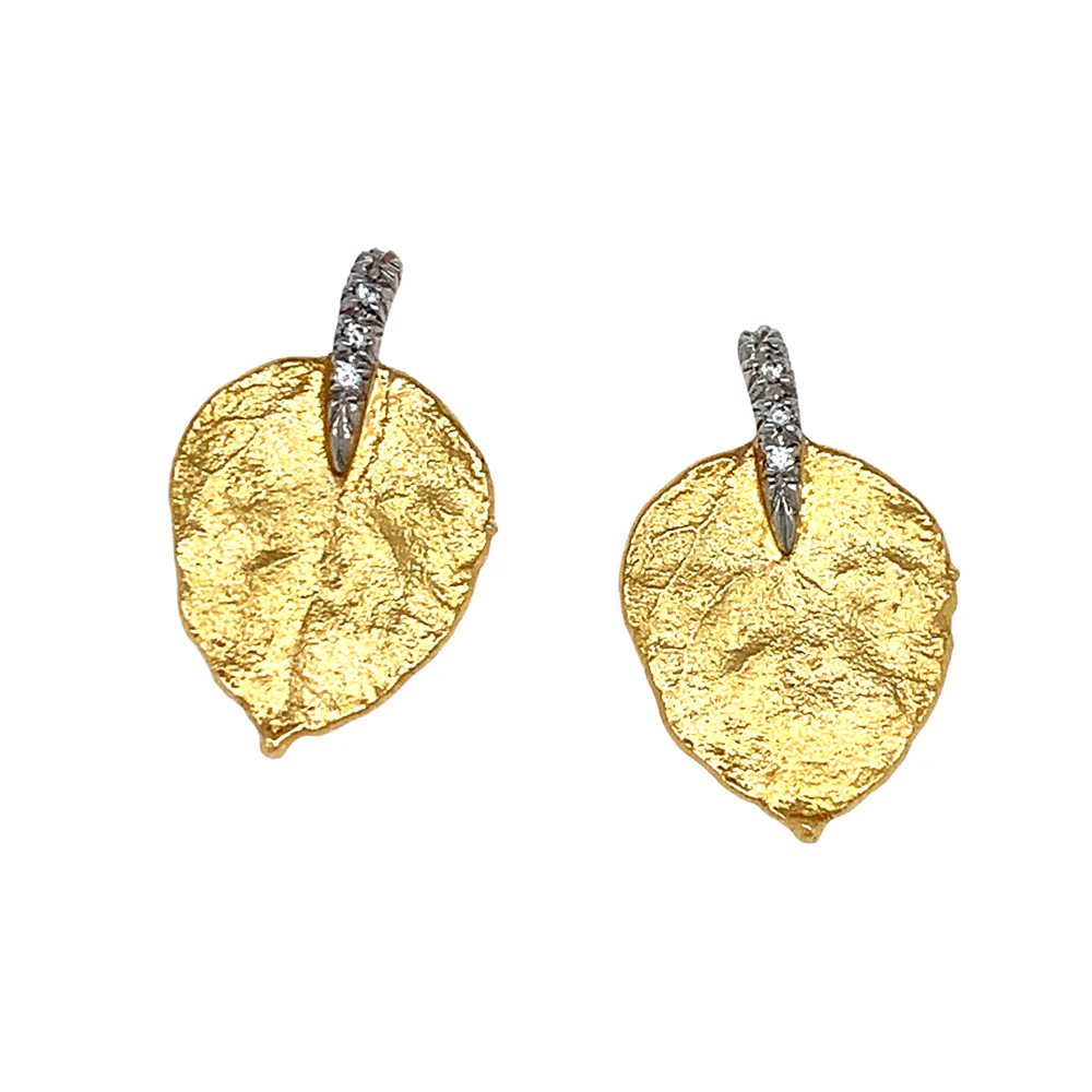 Gold & Diamond Leaf Earrings - "Glittering Aspen"