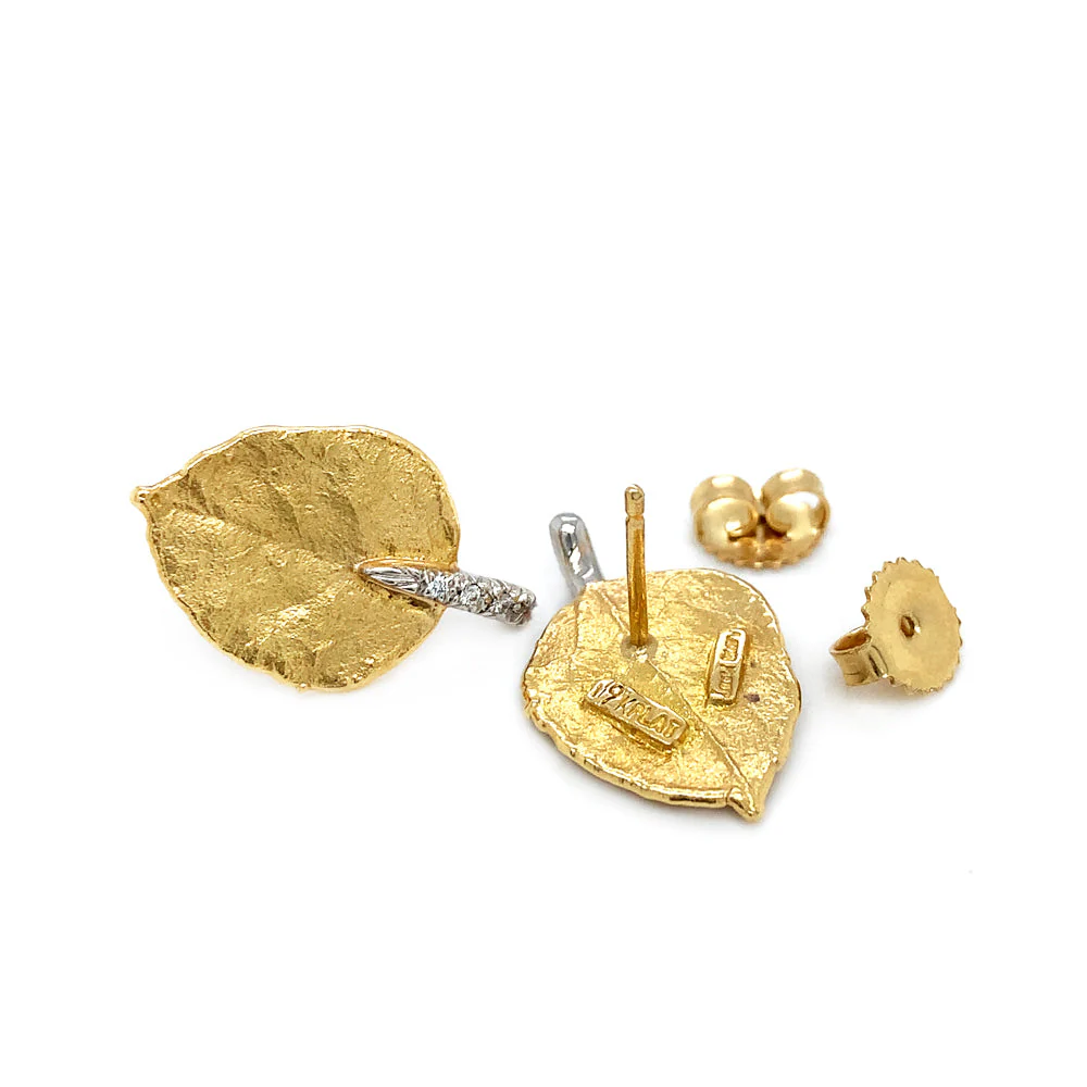 Gold & Diamond Leaf Earrings - "Glittering Aspen" - Image 2