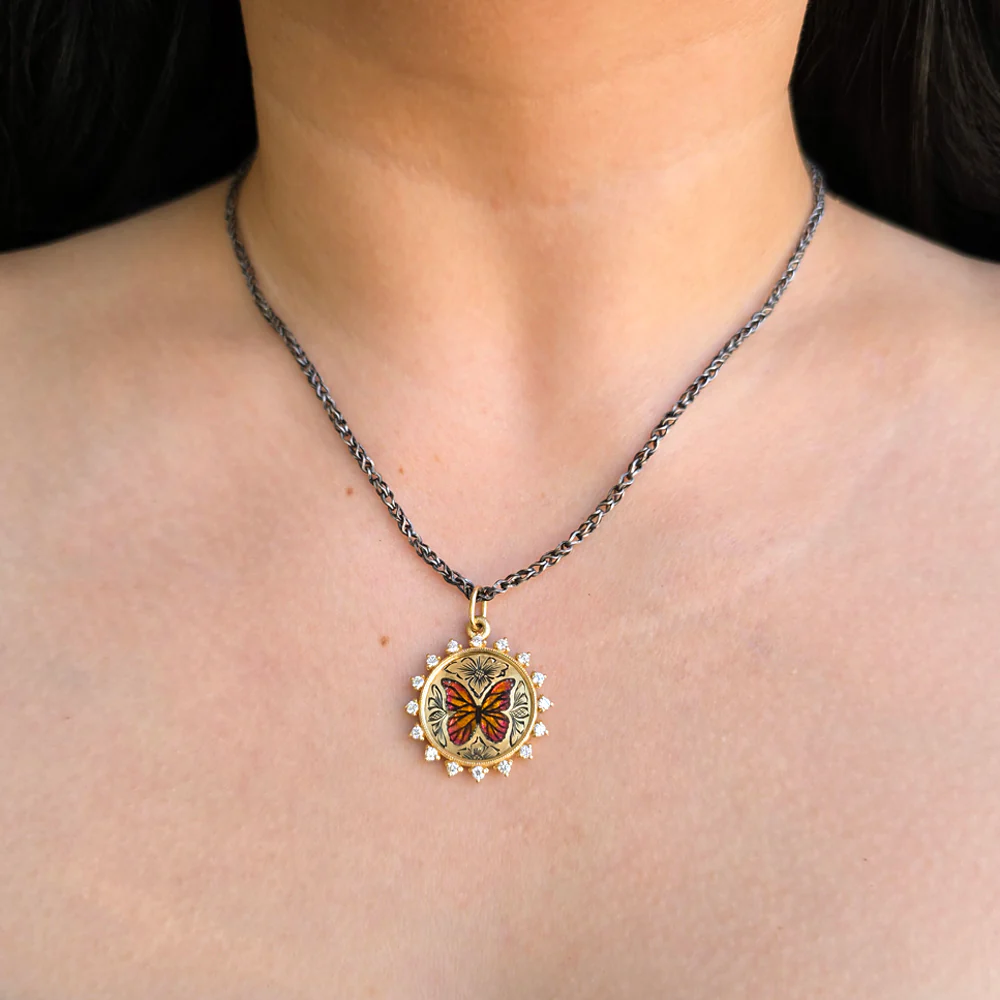 Gold Pendant With Enamel & Diamonds - "Farfalla" - Image 5