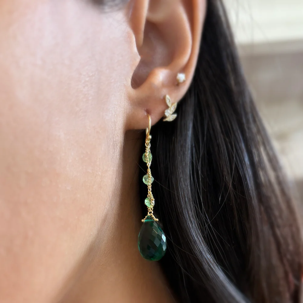 Green Quartz & Tsavorite Drop Earrings - "Ancient Forest" - Image 2