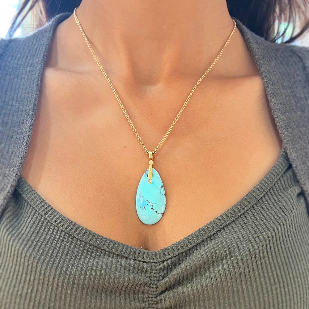 Kazakhstan Turquoise & Yellow Gold Pendant - "Sticks & Stones" - Image 5
