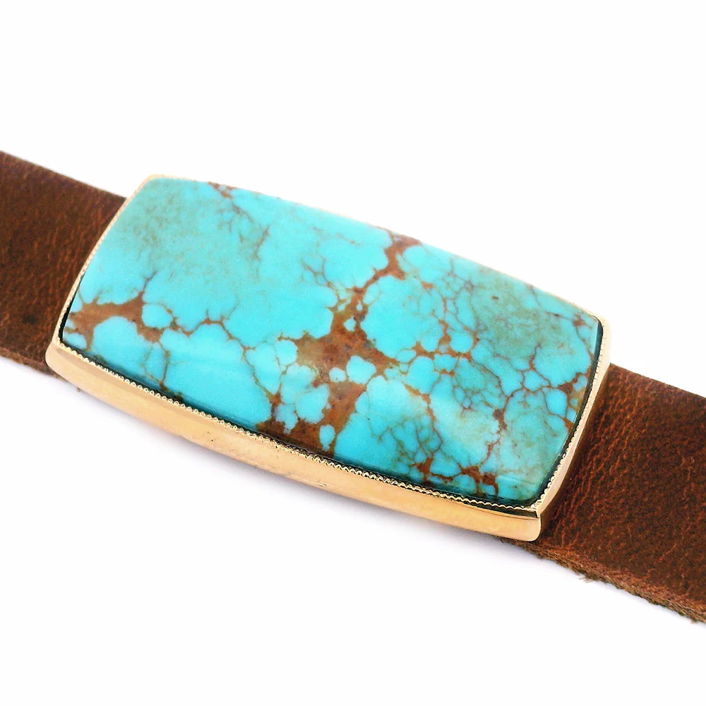 Kingman Turquoise & Yellow Gold Leather Cuff Bracelet - "Cowgirl's Charm" - Image 2