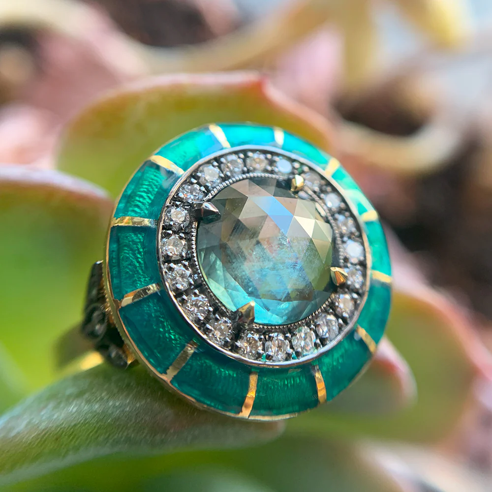 Montana Sapphire, Diamond & Enamel Ring - "Rock Candy Succulent Paradise" - Image 2