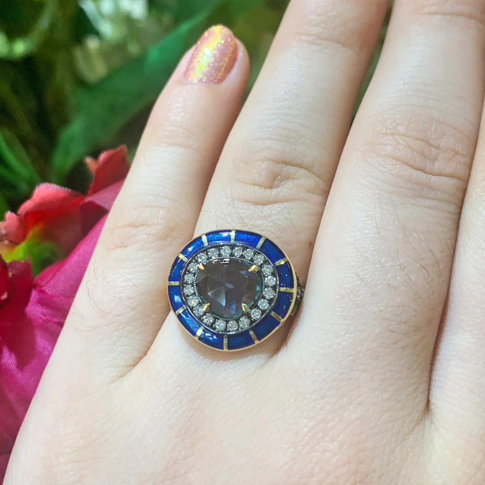 Montana Sapphire, Diamond, & Enamel Ring - "Rock Candy Ocean Mosaic" - Image 3
