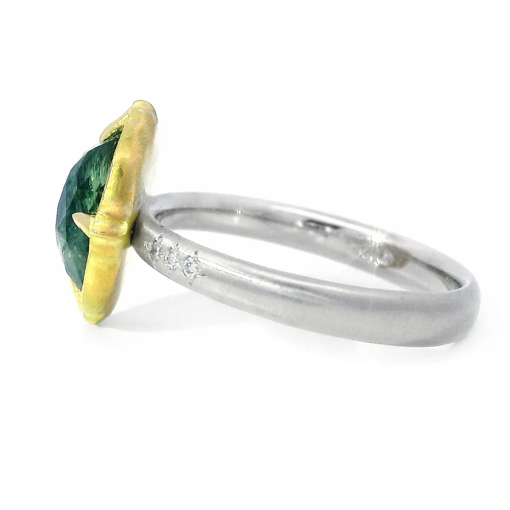 Oval Bi-Color Green & Pale Yellow Montana Sapphire Ring -"Lotus" - Image 3