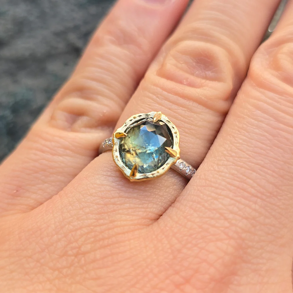 Oval Bi-Color Green & Pale Yellow Montana Sapphire Ring -"Lotus" - Image 6