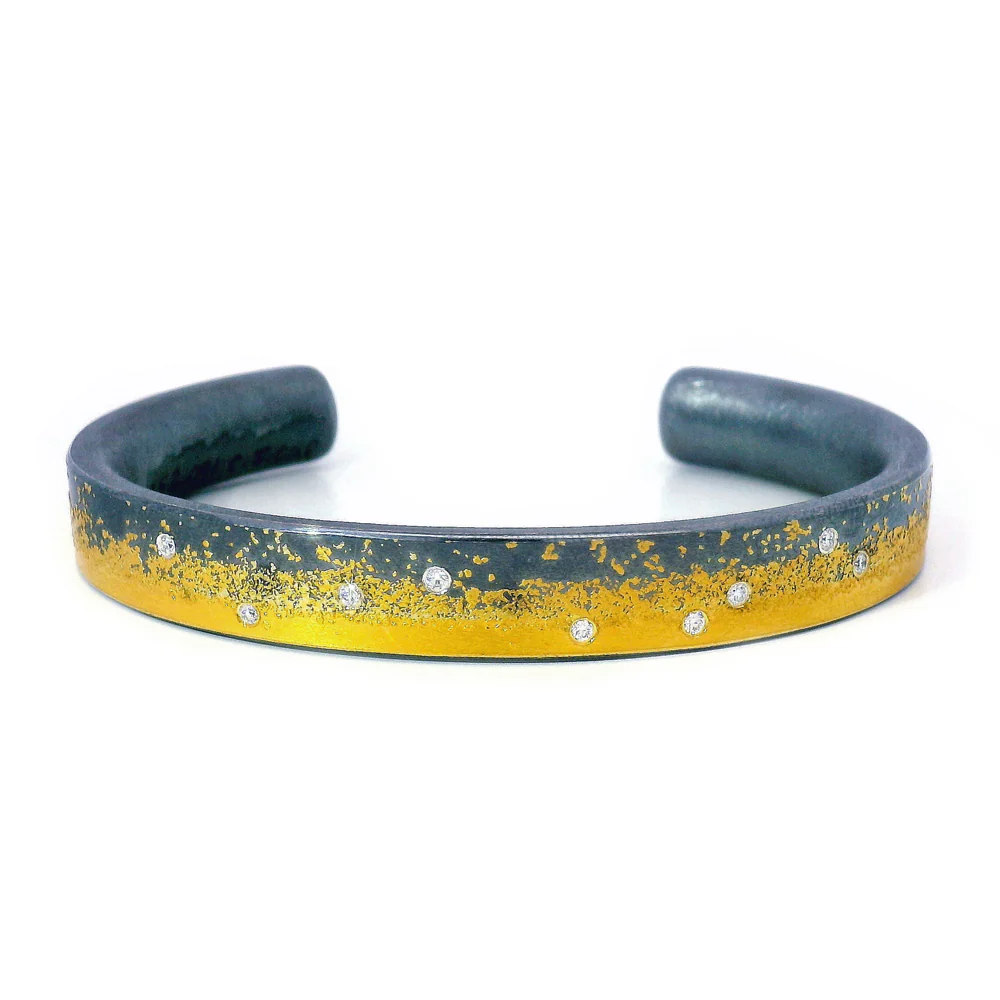 Oxidized Sterling Silver & Gold Cuff with Diamonds - "Divide"