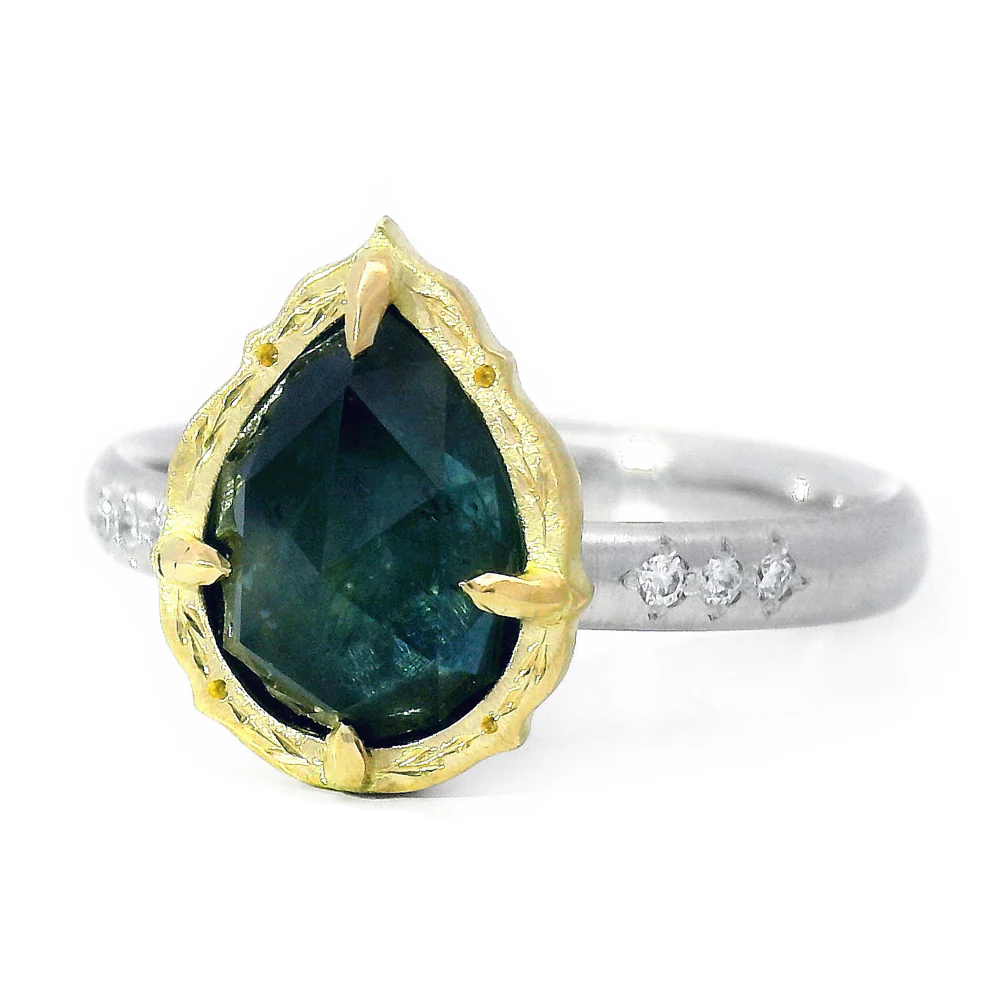 Pear Shaped Deep Blue Rose Cut Montana Sapphire Ring - "Lotus" - Image 2