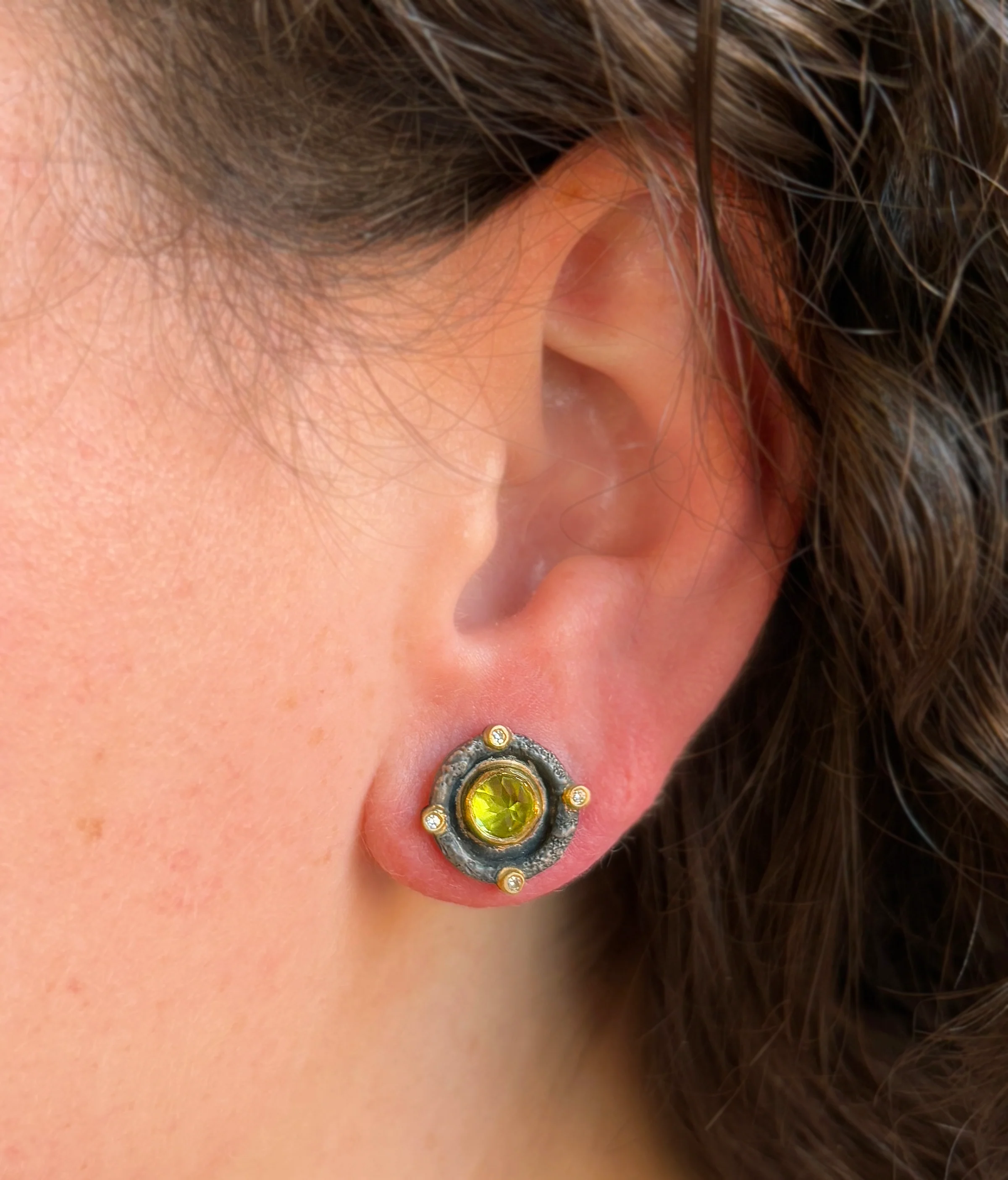 Peridot & Diamond Stud Earrings - "Romanesque" - Image 4