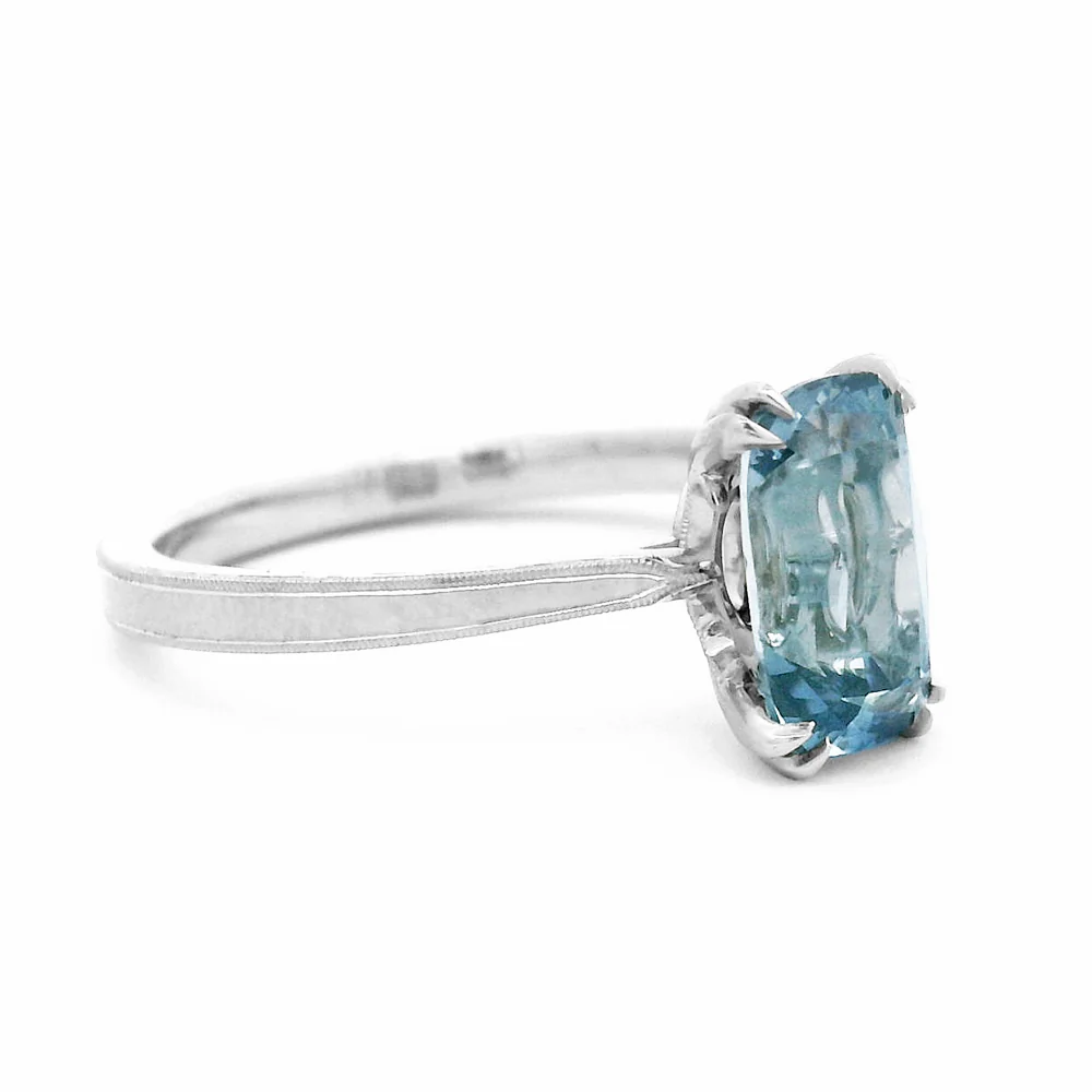 Platinum & Cushion Montana Sapphire Solitaire Ring - "Laurel Cathedral" - Image 3
