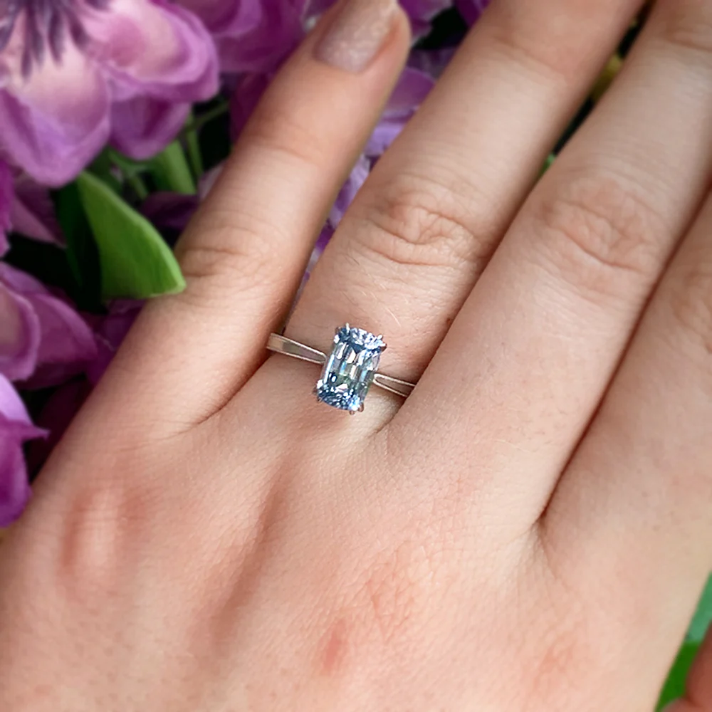 Platinum & Cushion Montana Sapphire Solitaire Ring - "Laurel Cathedral" - Image 6