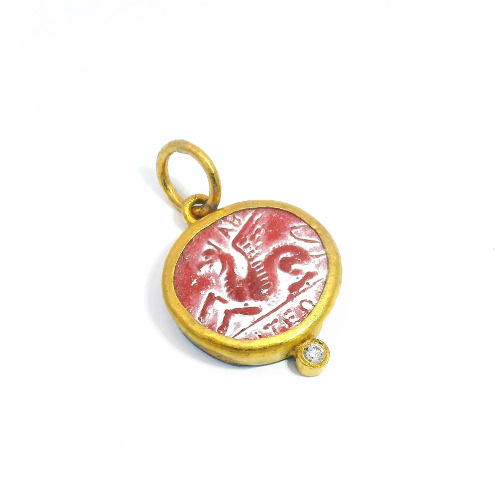 Quartz Based Ceramic Intaglio & Diamond Pendant - "Pegasus"