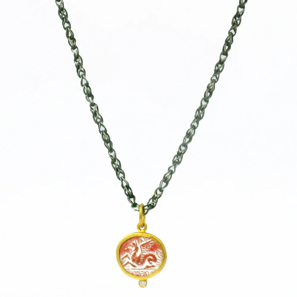 Quartz Based Ceramic Intaglio & Diamond Pendant - "Pegasus" - Image 2