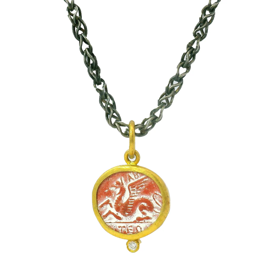 Quartz Based Ceramic Intaglio & Diamond Pendant - "Pegasus" - Image 5