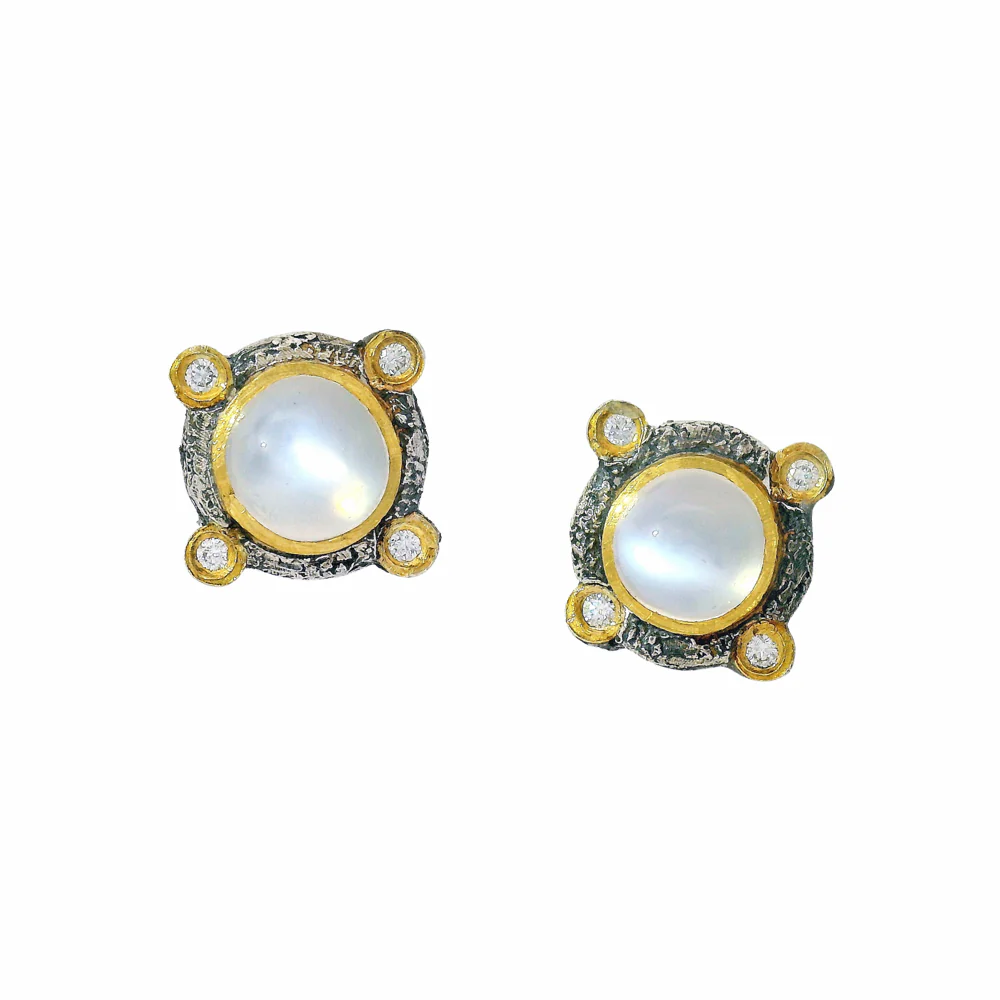 Moonstone & Diamond Mixed Metal Stud Earrings- "Romanesque Alabaster"