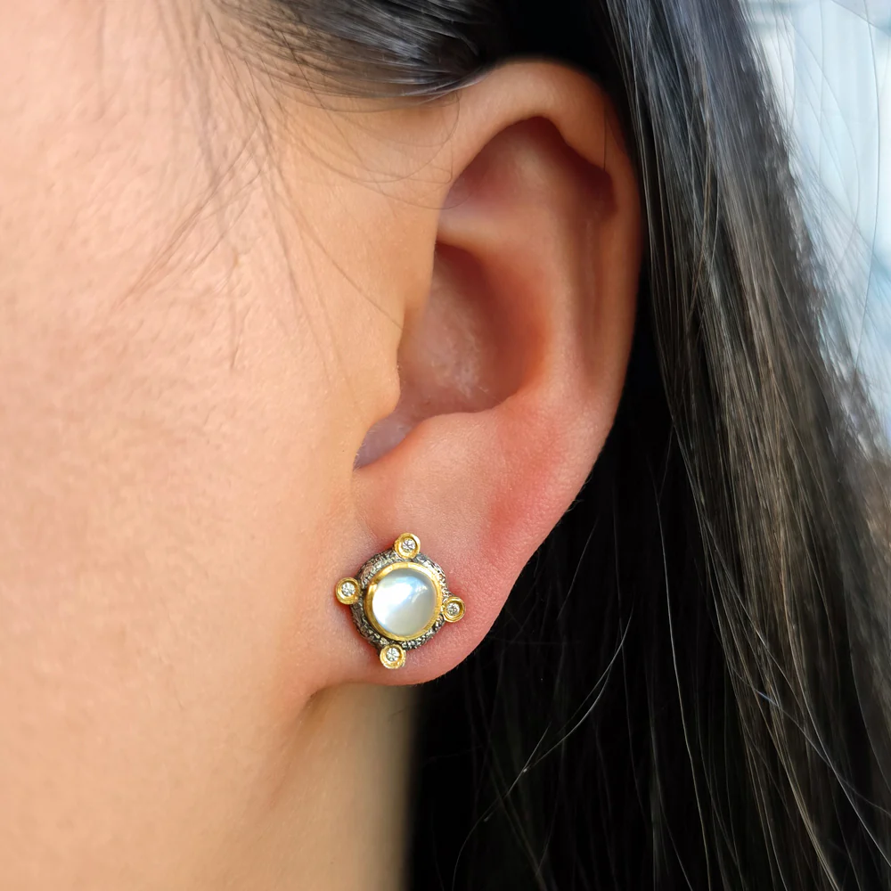 Moonstone & Diamond Mixed Metal Stud Earrings- "Romanesque Alabaster" - Image 2