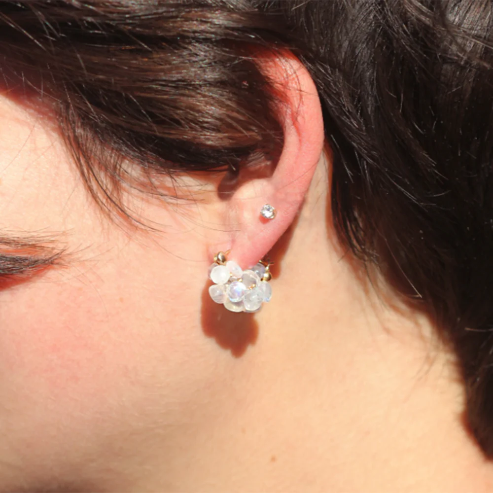 Rainbow Moonstone & Yellow Gold Huggie Earrings - "Cloud" - Image 2